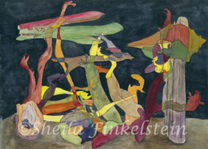 black abstract fantasy landscape watercolor painting