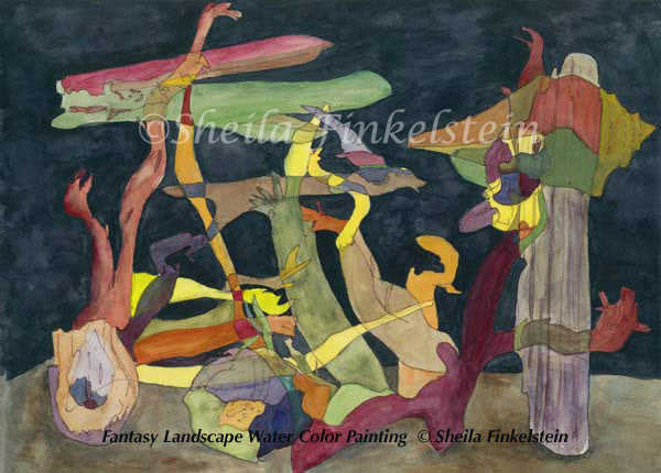 black abstract fantasy watercolor painting