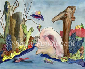 conch and sponge fantasy landscape watercolor painting