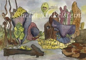 purple fantasy landscape watercolor painting