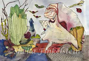 conch and green coral fantasy landscape water color painting